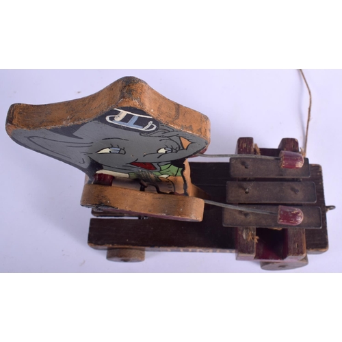 438 - A VINTAGE JUMBO THE ELEPHANT PAINTED WOOD CHILDS PULL ALONG TOY. 22 cm x 28 cm.