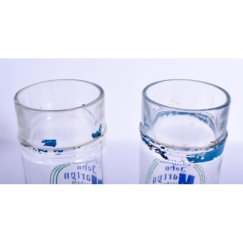 44 - A CHARMING PAIR OF VINTAGE ROWNTREES GUMS ADVERTISING MARTYN MINTS JARS with embossed tops. 31 cm hi... 