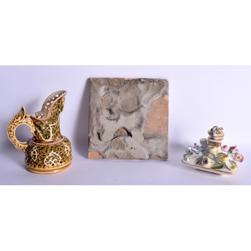 45 - A ZSOLNAY PECS VASE together with a scent bottle & a tile. Largest 13 cm square. (2)