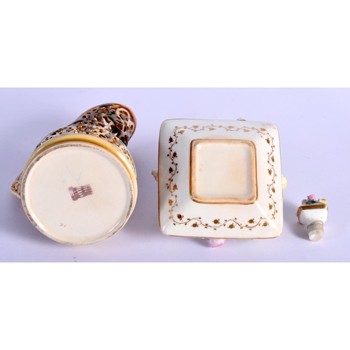 45 - A ZSOLNAY PECS VASE together with a scent bottle & a tile. Largest 13 cm square. (2)