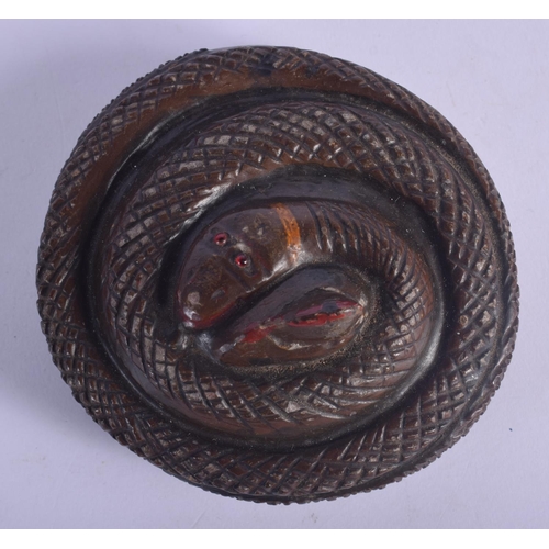 451 - A VERY RARE 19TH CENTURY SOUTH AMERICAN PAINTED STONE PAPERWEIGHT formed as a coiled snake. 9.25 cm ... 