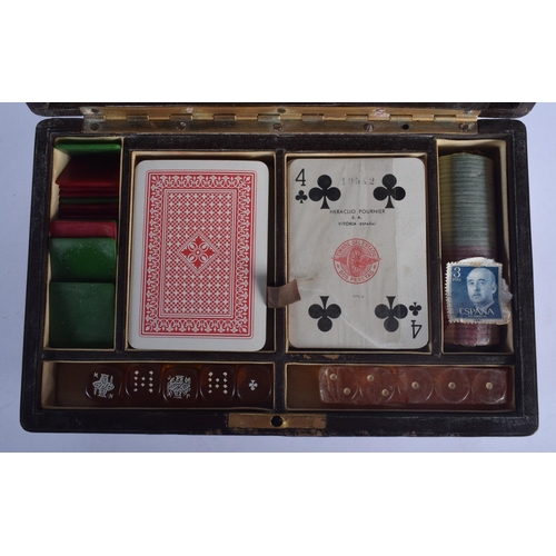 455 - A CHARMING EARLY 20TH CENTURY LEATHER CASED GENTLEMANS GAMING BOX with unusual musical box features ... 