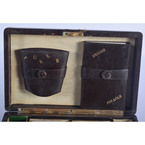 455 - A CHARMING EARLY 20TH CENTURY LEATHER CASED GENTLEMANS GAMING BOX with unusual musical box features ... 