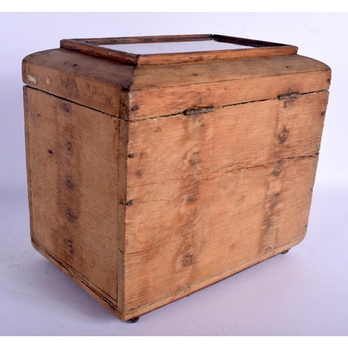 456 - AN ANTIQUE REVERSE GLASS INSET CARVED WOOD TEA CADDY decorated with a landscape. 22 cm x 20 cm.