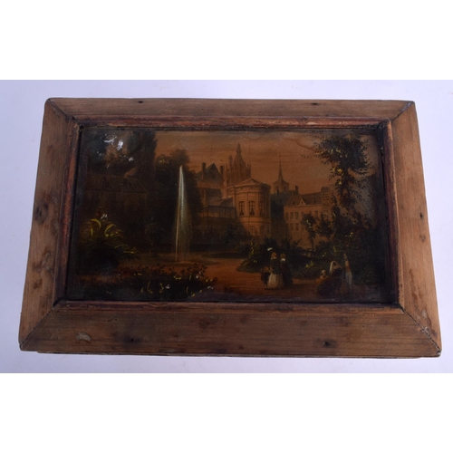 456 - AN ANTIQUE REVERSE GLASS INSET CARVED WOOD TEA CADDY decorated with a landscape. 22 cm x 20 cm.
