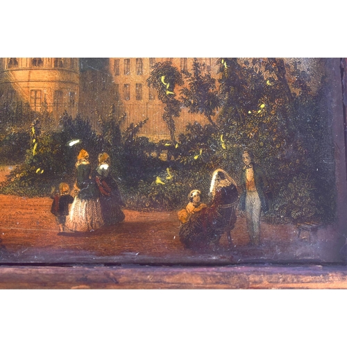 456 - AN ANTIQUE REVERSE GLASS INSET CARVED WOOD TEA CADDY decorated with a landscape. 22 cm x 20 cm.