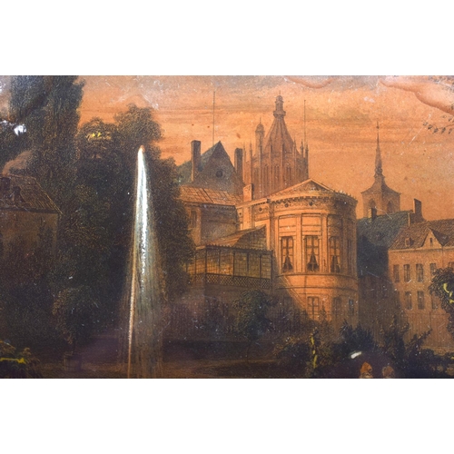 456 - AN ANTIQUE REVERSE GLASS INSET CARVED WOOD TEA CADDY decorated with a landscape. 22 cm x 20 cm.