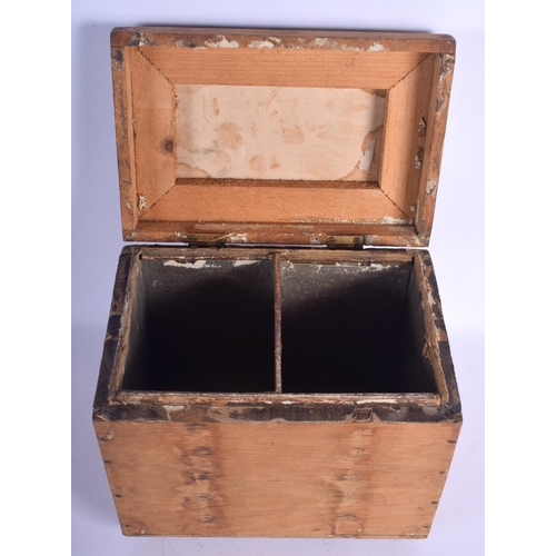 456 - AN ANTIQUE REVERSE GLASS INSET CARVED WOOD TEA CADDY decorated with a landscape. 22 cm x 20 cm.