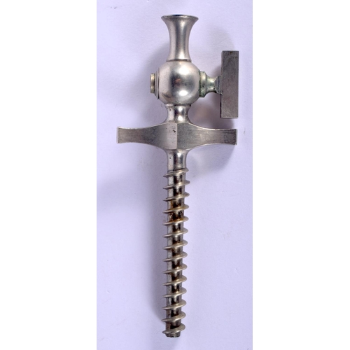 458 - A RARE ANTIQUE EUROPEAN SILVER PLATED CHAMPAGNE CORKSCREW TAP within a leather case. 9.25 cm long.