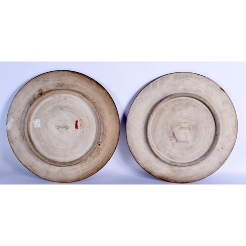 46 - A VERY RARE PAIR OF 19TH CENTURY BELLFIELD & CO TERRACOTTA DISHES painted by E Watt, unusually decor... 