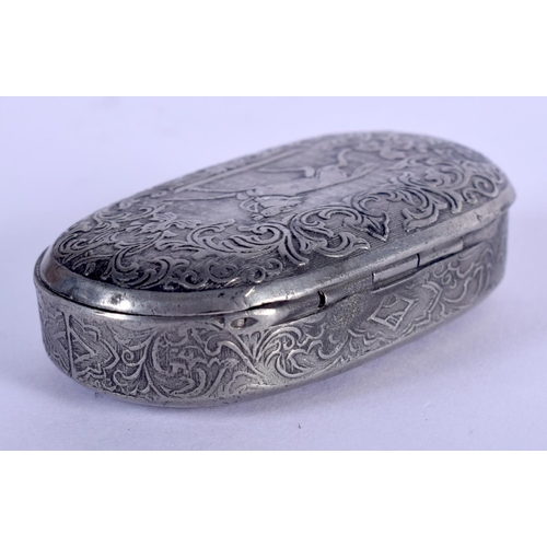 460 - A CHARMING 19TH CENTURY PEWTER EQUESTRIAN SNUFF BOX decorated with foliage. 5.75 cm x 3 cm.