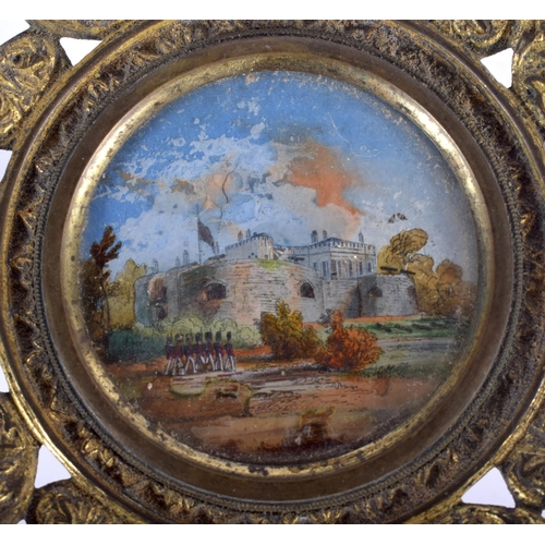 463 - A 19TH CENTURY GILT METAL REVERSE GLASS INSET PEDESTAL TAZZA depicting Walmer Castle. 18 cm x 10 cm.