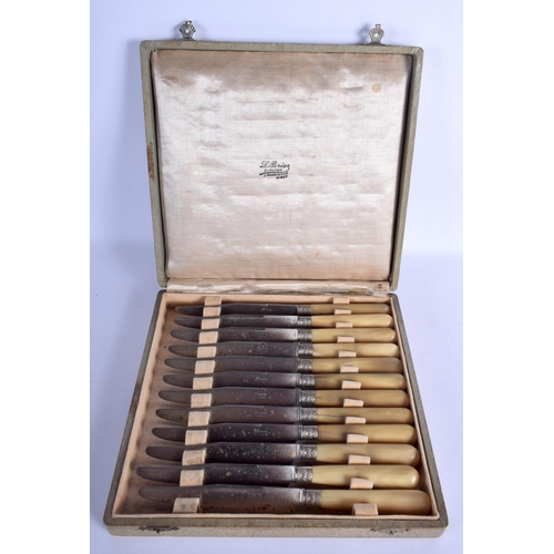 466 - A SET OF TWELVE 19TH CENTURY FRENCH BLONDE RHINOCEROS HORN KNIVES with embossed banding. 22 cm long.... 