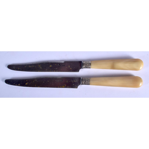 466 - A SET OF TWELVE 19TH CENTURY FRENCH BLONDE RHINOCEROS HORN KNIVES with embossed banding. 22 cm long.... 