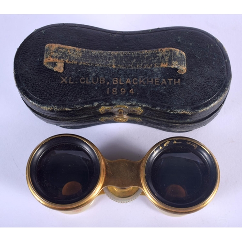 472 - A PAIR OF ANTIQUE MOTHER OF PEARL BINOCULARS with leather case. 9 cm x 6.5 cm extended.