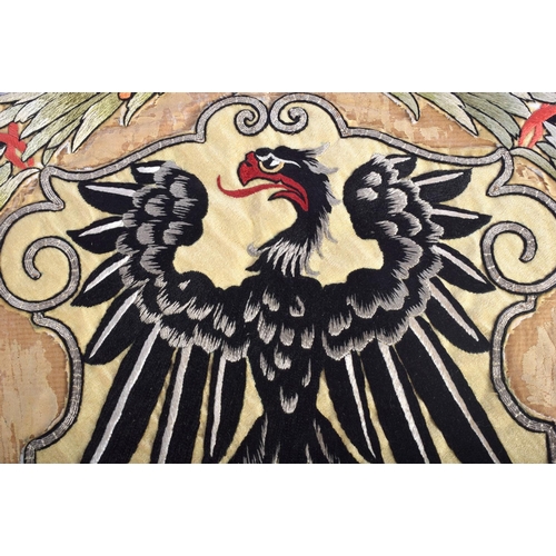 473 - AN UNUSUAL ANTIQUE EUROPEAN SILK EMBROIDERED EAGLE BIRD PANEL possibly Polish or German. 30 cm squar... 