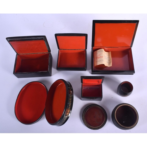 481 - FIVE 19TH CENTURY RUSSIAN BLACK LACQUER PAPER MACHE BOXES decorated with various scenes, together wi... 