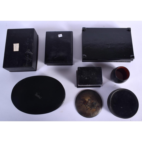 481 - FIVE 19TH CENTURY RUSSIAN BLACK LACQUER PAPER MACHE BOXES decorated with various scenes, together wi... 