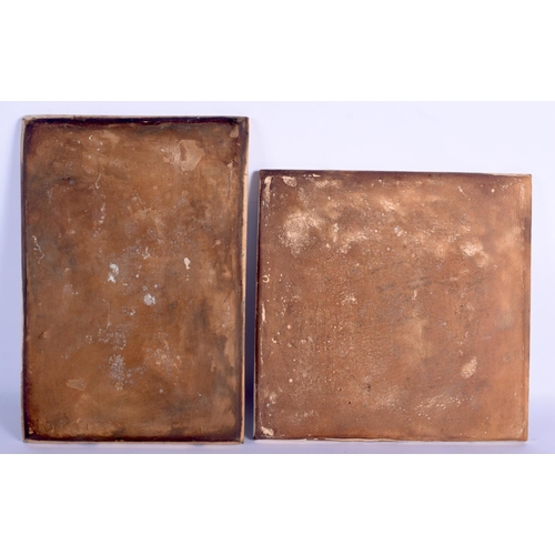 55 - TWO TURKISH OTTOMAN IZNIK FAIENCE POTTERY TILES painted with floral sprays. Largest 24 cm x 14 cm. (... 