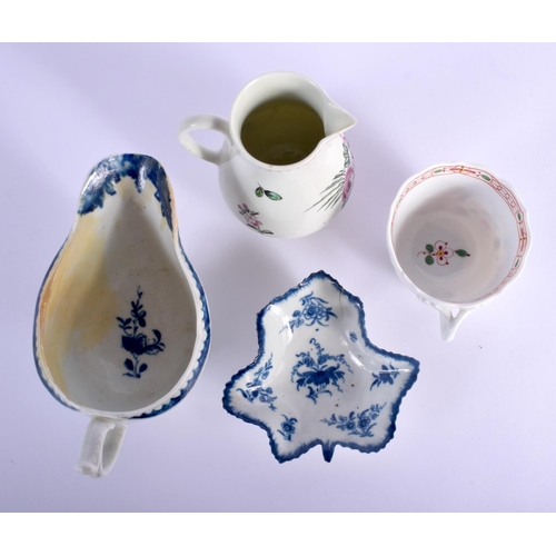 7 - AN 18TH CENTURY WORCESTER SPARROW BEAK JUG together a Worcester cream boat etc. Largest 13 cm wide. ... 