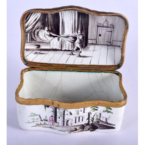 1007 - A VERY RARE 18TH CENTURY ENGLISH ENAMELLED SNUFF BOX the interior painted with a scene of a boy reve... 