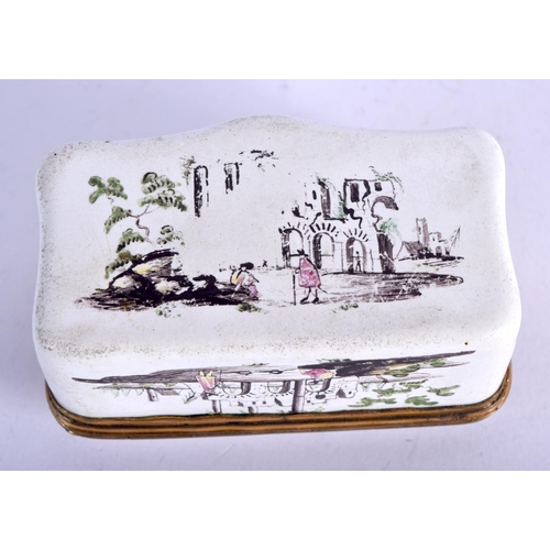 1007 - A VERY RARE 18TH CENTURY ENGLISH ENAMELLED SNUFF BOX the interior painted with a scene of a boy reve... 