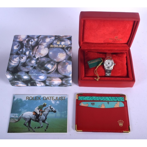 1030 - A BOXED LADIES ROLEX WRISTWATCH with paperwork. 49 grams. 2.75 cm wide inc crown.