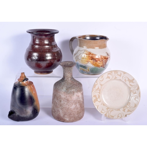 107 - A MICHAEL MOSSE JUG together with a burnished brown pot and three others. 16.5 cm high. (5)