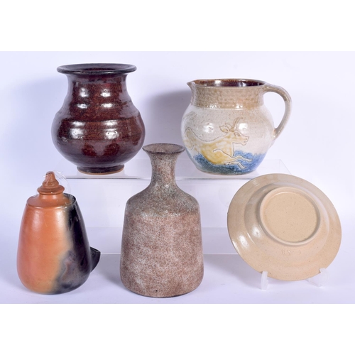 107 - A MICHAEL MOSSE JUG together with a burnished brown pot and three others. 16.5 cm high. (5)