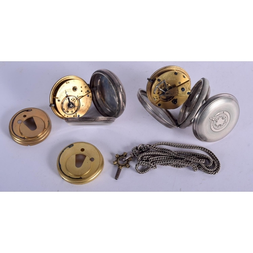 1070 - TWO SILVER POCKET WATCHES TOGETHER WITH A WATCH CHAIN WITH KEY. Hallmarked Chester 1898 and London 1... 