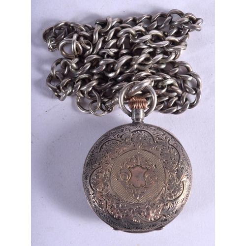 1081 - A LADIES SILVER POCKET WATCH WITH CHAIN AND A TRAVELLING CASE.  Stamped 925,dial 3.5cm