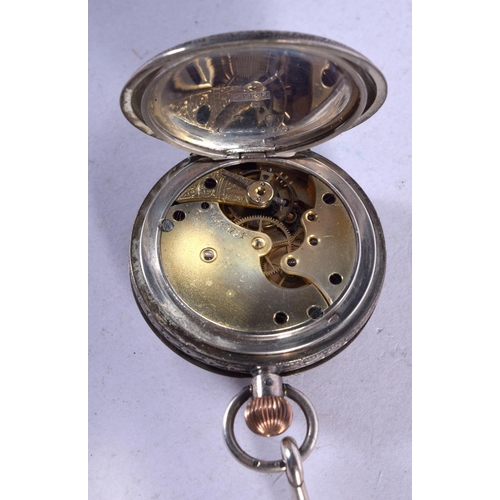 1081 - A LADIES SILVER POCKET WATCH WITH CHAIN AND A TRAVELLING CASE.  Stamped 925,dial 3.5cm