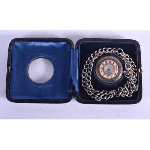 1081 - A LADIES SILVER POCKET WATCH WITH CHAIN AND A TRAVELLING CASE.  Stamped 925,dial 3.5cm