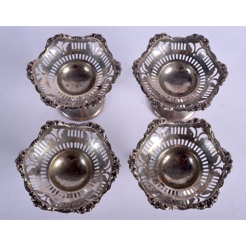 1085 - A CASED SET OF FOUR SILVER BON BON DISHES.  Hallmarked Birmingham 1936, 9.5cm wide x 7cm high, total... 