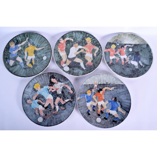 110 - A VERY RARE SET OF FIVE 1980s ALDERMASTON POTTERY PLATES by Alan Caiger-Smith, depicting figures pla... 