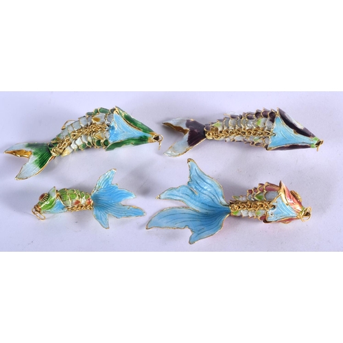 1106 - FOUR ARTICULATED CLOISONNE FISH.  Largest 9.2cm x 6cm, weight 45.6g