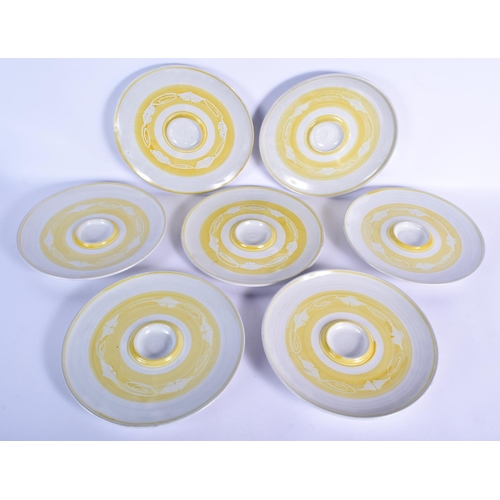 113 - A SET OF SEVEN ALDERMASTON POTTERY ASPARAGUS OR DIP PLATES, unsigned, painted with a yellow circular... 