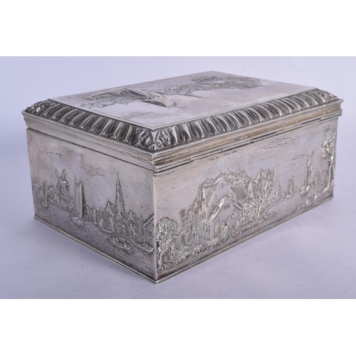 1174 - AN ANTIQUE DUTCH SILVER LANDSCAPE BOX decorated with rivers and buildings. 1400 grams. 19 cm x 14 cm... 