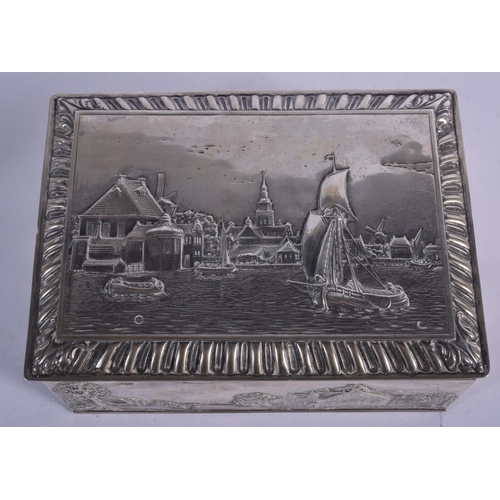 1174 - AN ANTIQUE DUTCH SILVER LANDSCAPE BOX decorated with rivers and buildings. 1400 grams. 19 cm x 14 cm... 