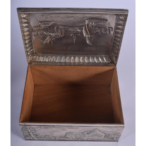 1174 - AN ANTIQUE DUTCH SILVER LANDSCAPE BOX decorated with rivers and buildings. 1400 grams. 19 cm x 14 cm... 