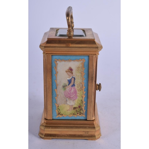 1179 - A CONTEMPORARY SEVRES STYLE MINIATURE CARRIAGE CLOCK. 323 grams. 7.5 cm high inc handle.