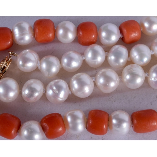 1262 - AN 14CT GOLD CORAL AND PEARL NECKLACE. 27.4 grams. 41 cm long.