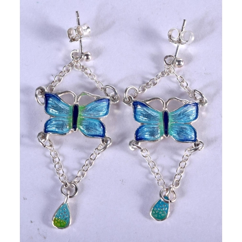 1328 - A PAIR OF SILVER AND ENAMEL BUTTERFLY EARRINGS.  Stamped Sterling, 3.9cm x 2cm, weight 5g