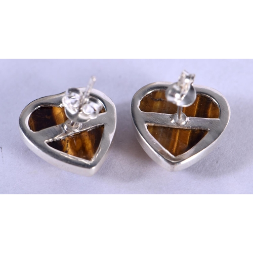 1330 - A PAIR OF SILVER AND TIGERS EYES EARRINGS.  1.5cm x 1.5cm, weight 5g