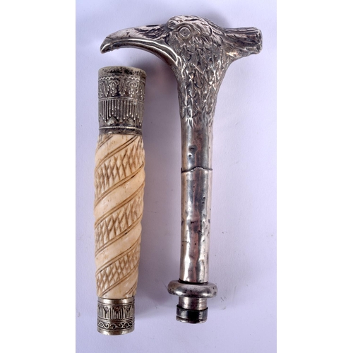 179 - AN ANTIQUE SILVER BIRD HEAD CANE HANDLE together with another handle. 14 cm long. (2)
