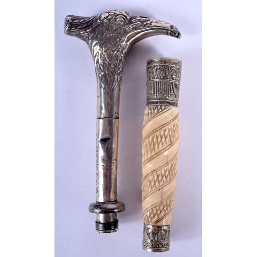 179 - AN ANTIQUE SILVER BIRD HEAD CANE HANDLE together with another handle. 14 cm long. (2)