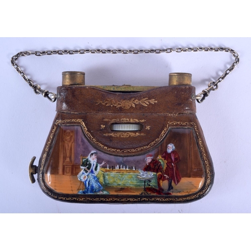 182 - A VERY RARE PAIR OF 19TH CENTURY ENAMELLED LEATHER FOLDING OPERA GLASSES A Mignonne, painted with th... 