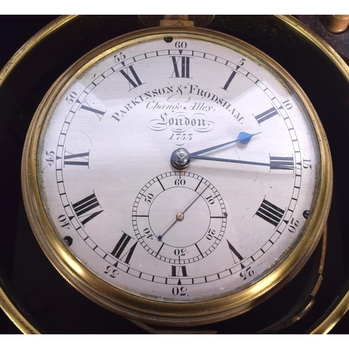 184 - A FINE 19TH CENTURY PARKINSON & FRODSHAM BRASS BOUND MARINE CHRONOMETER with twin brass handles. 15 ... 