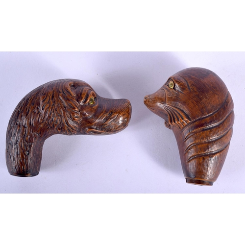 187 - TWO BLACK FOREST STYLE CANE HANDLES one formed as a seal, the other as a dog. Largest 9 cm x 7 cm. (... 