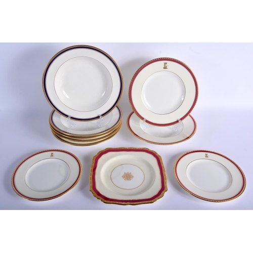 203 - 20th c.  Minton dinner plate and two dessert plates with crimson border having a crown and lion cres... 